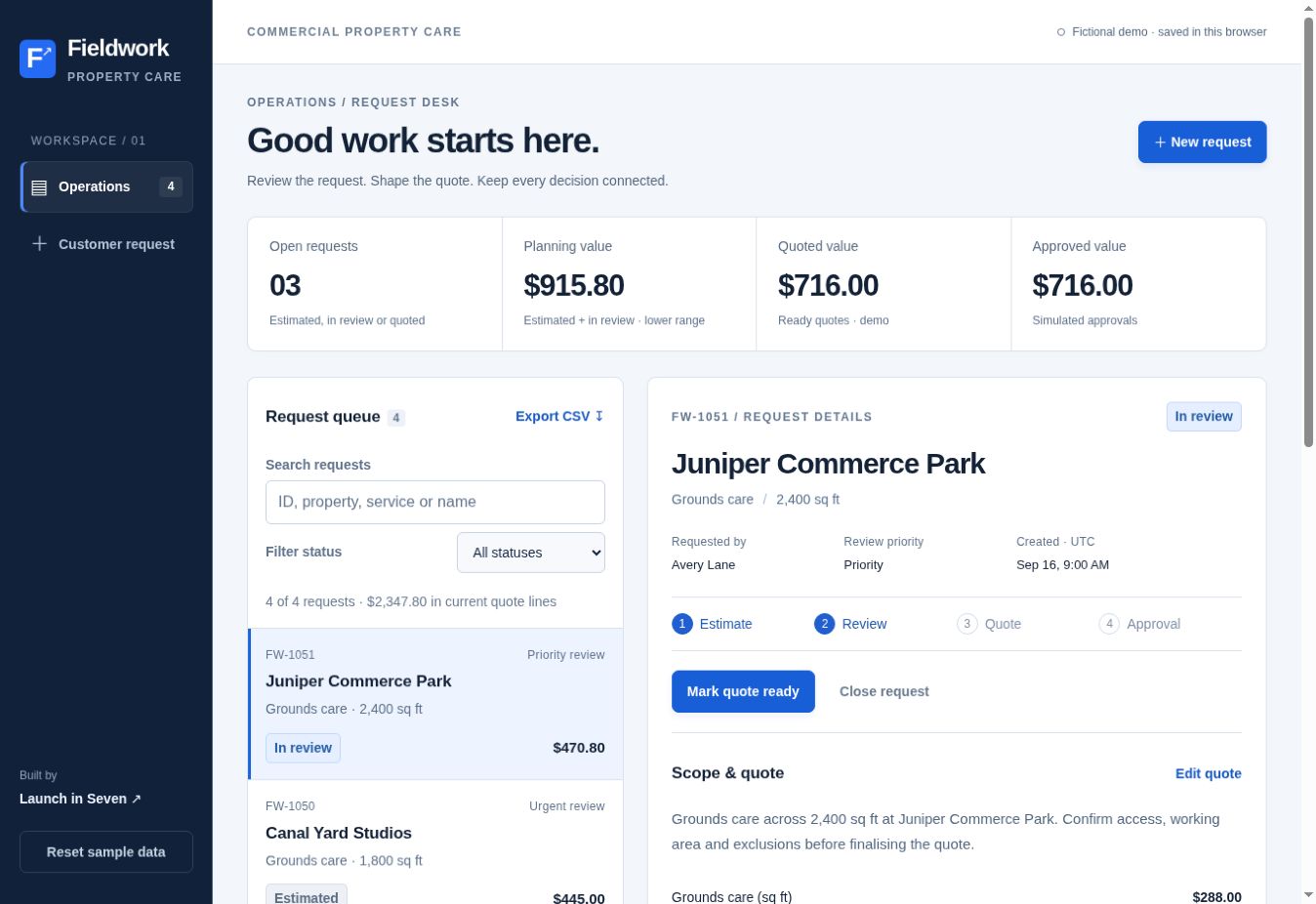 Fieldwork's request and quote interface, with a customer request alongside the workspace
